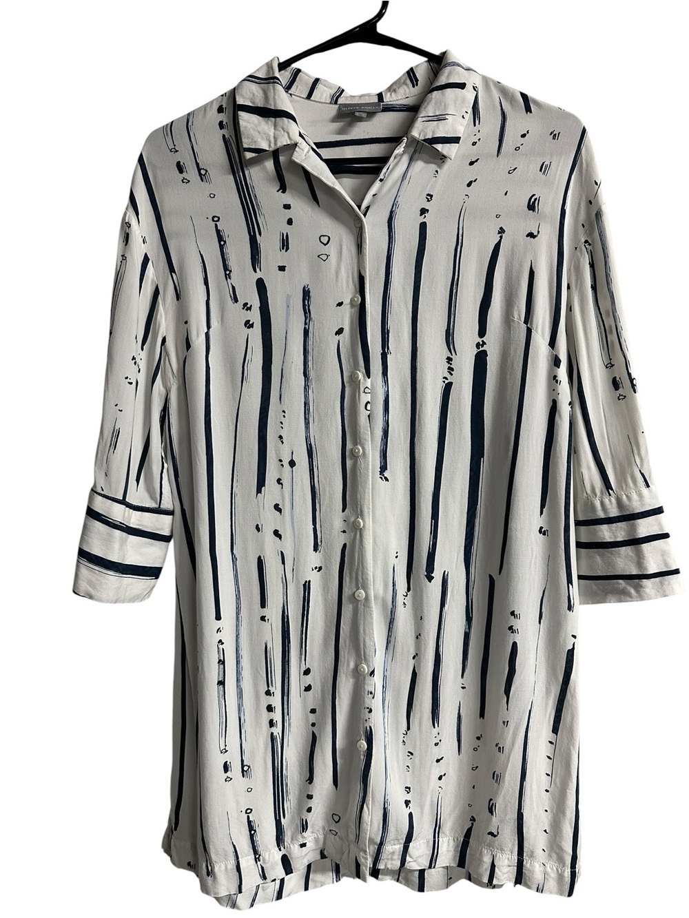 Oliver Bonas Abstract Stripe Tunic Blouse White Blue Viscose Size 6